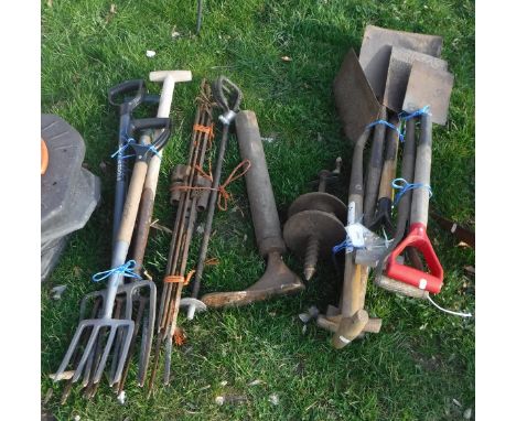 A collection of garden tools to include spades, forks, etc, together with a Halfords HP1400 pressure washer and a box of asso
