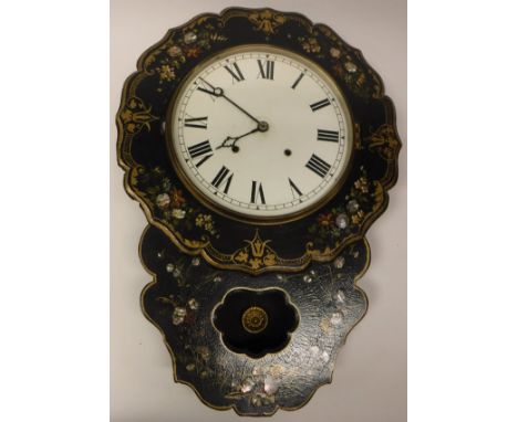 A Victorian papier mache black lacquered painted and mother of pearl inlaid cased drop dial wall clock the eight day movement