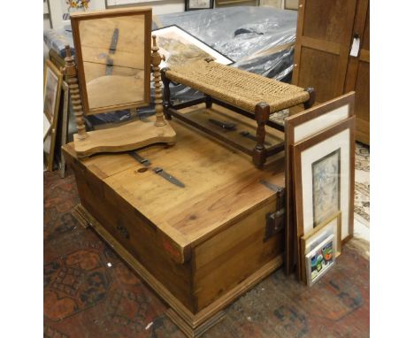 A pine coffee table trunk, pine dressing mirror, oak framed string seat stool, a modern upholstered rocking chair and four as