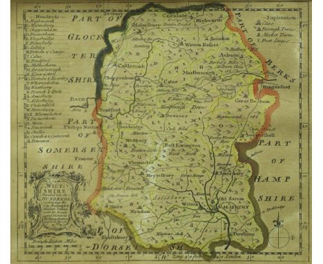 AFTER EMMANUEL BOWEN (1714-1767) "Hand-coloured engraving of a map of Wiltshire", together with four further watercolours of 