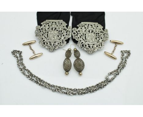 A collection of jewellery comprising a pair of 9 carat gold torpedo-shaped cufflinks, a pair of woven hair earrings with yell