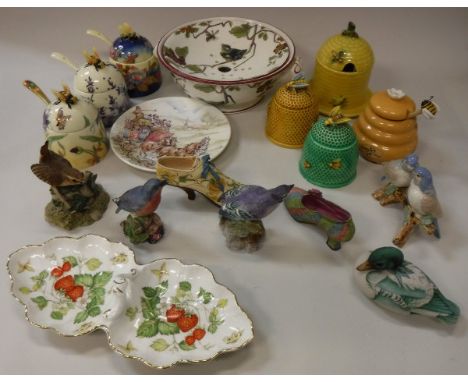 A collection of various china wares to include three Old Tupton ware beehive honey pots, a Goebel honey pot, two Marutomo war