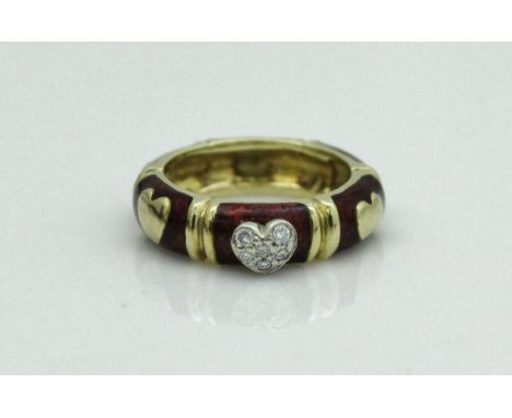 An 18 carat gold enamel and diamond set dress ring with love heart decoration, size M, total weight approx 7.4 g