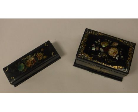 A Victorian black lacquered and mother of pearl inlaid papier-mache two section tea caddy, a similarly decorated lidded box w