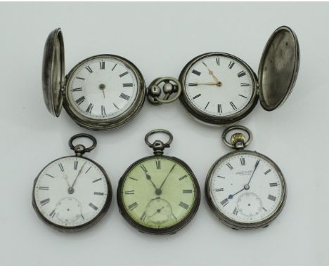 A collection of five silver cased pocket watches (various dates and makers), all with white enamel dials and Roman numerals, 