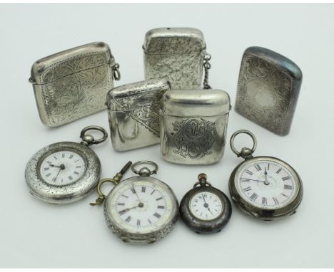 A collection of four 19th Century and later ladies Continental white metal cased pocket watches, each with white enamel dials