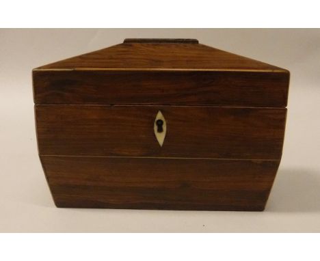 A 19th Century rosewood and satinwood strung tea caddy of sarcophagus form and a 19th Century mahogany writing slope of plain
