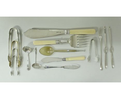 A collection of silver to include a cased set of six coffee spoons, a cased pusher set comprising fork and shovel, two silver