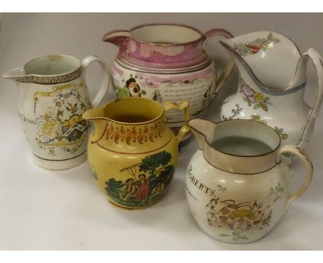 A collection of four early 19th Century English pottery jugs including a Sunderland lustre "British Slavery/Farmer's Arms" ju