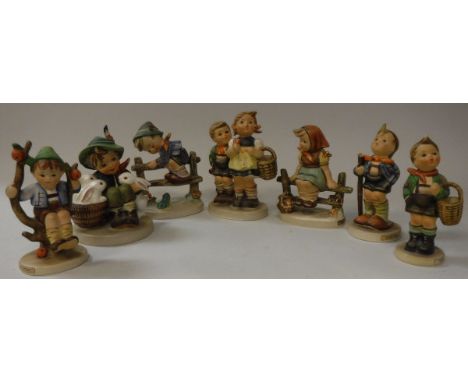 A collection of seven small Goebel Hummel figures of children including "To market" "Retreat to safety" "Village boy" "Playma
