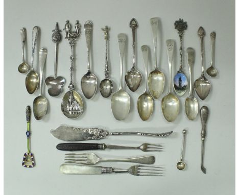 A collection of silver to include teaspoons, mustard spoons, forks, etc, together with other various plated examples, silver 