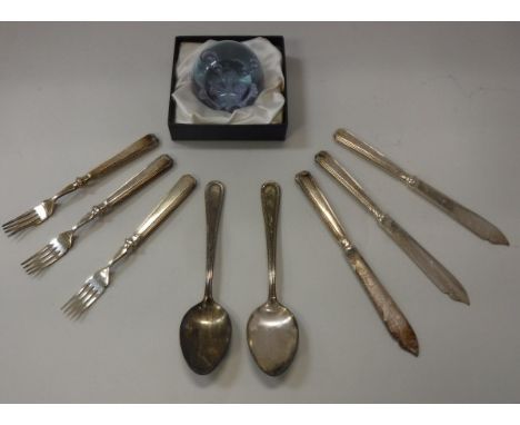 A box of assorted cutlery, to include Denby, Mappin & Webb etc together with a Caithness paperweight, a Correia glass paperwe