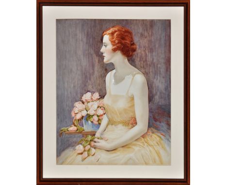Frank J*** Carmichael
"Pamela" - a portrait of an auburn-haired young woman holding flowers
signed; with inscription on a lab