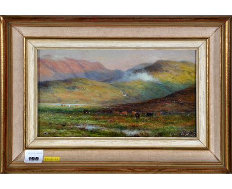 Louis Bosworth Hurt
Highland cattle in a glen
signed
oil on panel
12.5 x 22.5cms; 5 x 8 3/4in.