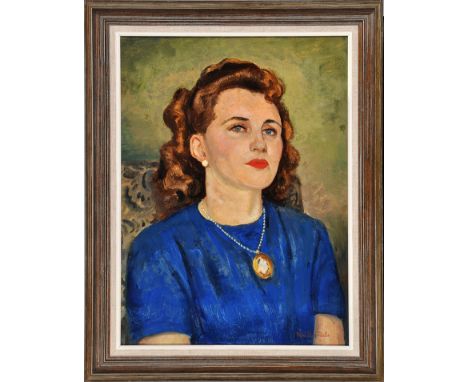 **** Müller-Rabe
A portrait of a young woman wearing a blue blouse and a cameo pendant necklace
signed
oil on board
49 x 36cm