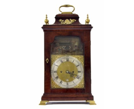 Interesting English mahogany automata&nbsp;double fusee original verge bracket clock, the 7" square brass dial with silvered 