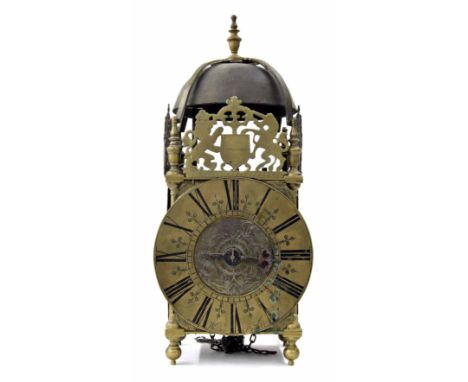 English antique brass hook and spike lantern clock, the 6.5" chapter ring signed Walter Archer and enclosing a centre engrave