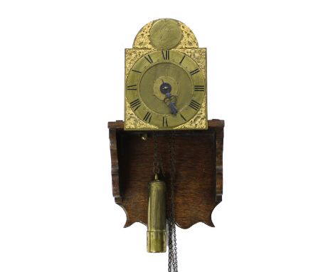 Interesting early English miniature brass verge wall clock with alarm, the 5" brass arched dial signed Jas Osmond, London on 