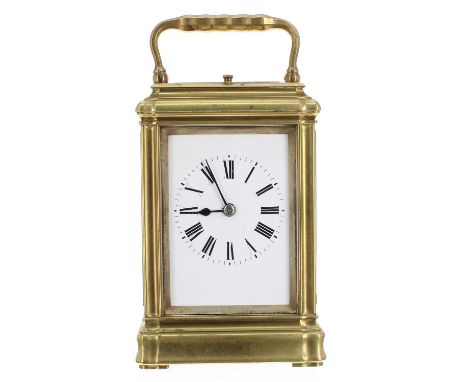 Small repeater carriage clock striking on a gong, the movement back plate bearing the maker's trademark initials G.L within a