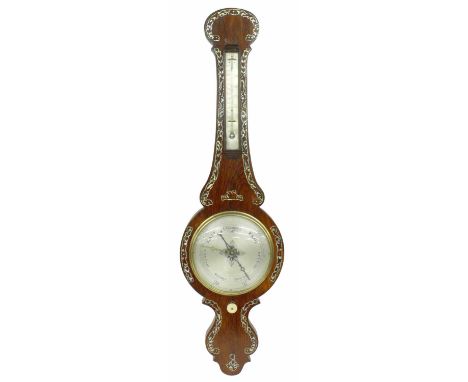 Rosewood onion top&nbsp;wheel barometer/thermometer, the 8" silvered dial within a shaped case banded with mother of pearl fo