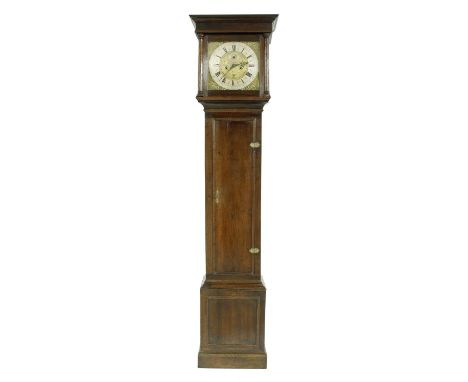 Oak eight day longcase clock with five pillar movement, the 12" square brass dial signed Richard Grigg, Andover on the silver