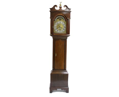 Mahogany three train chiming longcase clock, the 12" brass arched dial signed John Edgecumbe, Bristol to the foliate engraved