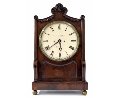 English mahogany double fusee bracket clock,&nbsp;the 9" cream dial signed Handley &amp; Moore, London, within a panelled and