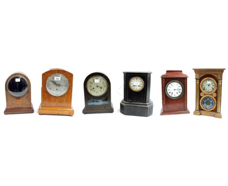 Five various wooden mantel clocks all in need of restoration, tallest 17" high; also a mahogany inlaid mantel clock case (6) 