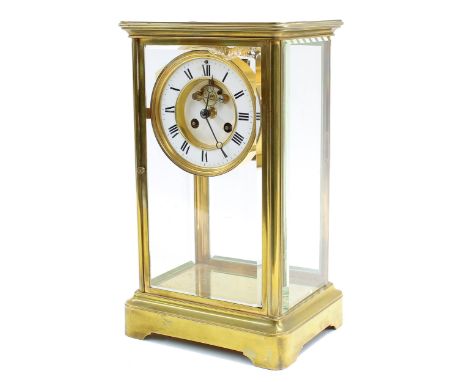 French brass four glass two train mantel clock striking on a bell, 4.75" chapter ring enclosing a recessed centre with visibl