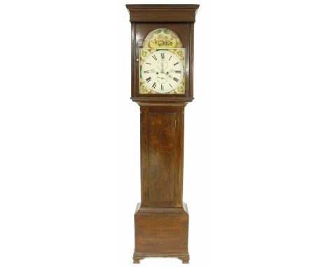 Oak eight day longcase clock,&nbsp;the 14" painted arched dial signed Geo Moore, Cumnock, with subsidiary seconds and calenda