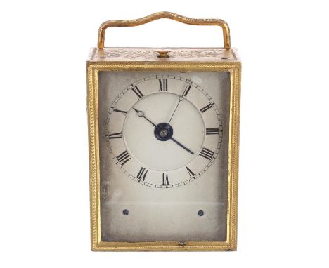 Interesting small French ormolu travel alarm clock, the sliding back door with winding and control apertures, revealing a wat