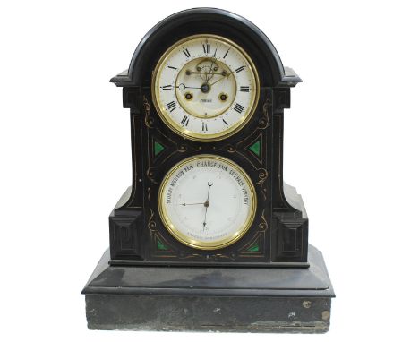 French black slate two train calendar mantel clock and barometer,&nbsp;the 5" white chapter ring enclosing&nbsp;a recessed ce