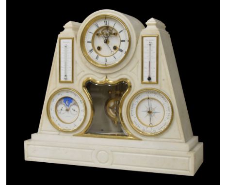 Fine French white marble two train calendar mantel clock with Fahrenheit and Centigrade thermometers, the 5.25" white chapter