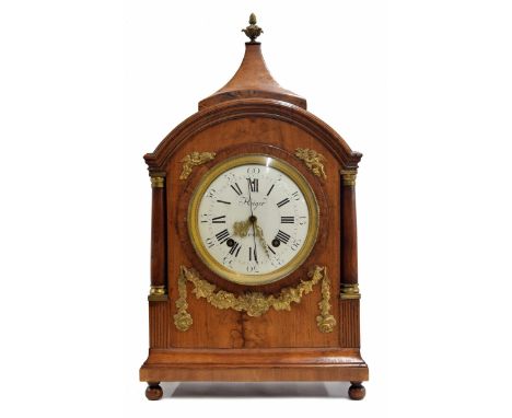 Unusual French mahogany&nbsp;and walnut cased two train bracket clock, the 7.5" white convex dial signed Higer á Paris, with 