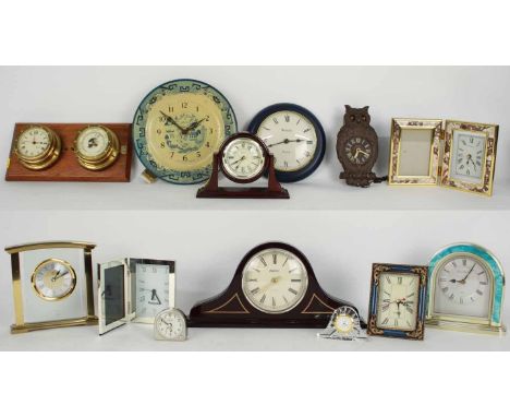 Contemporary quartz clock and barometer compendium mounted on an oak board, 12" wide; also a quantity of various contemporary
