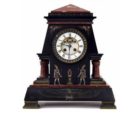 Good French black slate and red marble two train mantel clock in the Egyptian taste, the  S. Marti movement striking on a gon