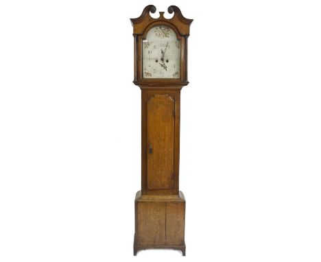Oak eight day longcase clock, the 12" painted arched dial signed P. Sharp, Coldstream to the centre with subsidiary seconds a