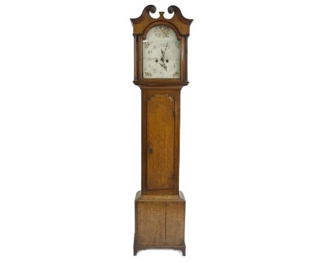 Oak eight day longcase clock, the 12" painted arched dial signed P. Sharp, Coldstream to the centre with subsidiary seconds a