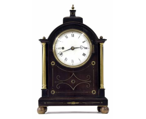 Small fruitwood and brass inlaid single fusee mantel clock, the movement back plate signed Arnold, London, the 4" white dial 