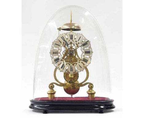 Brass single fusee skeleton mantel clock with passing strike, the 6.75" pierced silvered chapter ring upon curving supports a