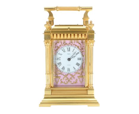 Good porcelain panelled repeater carriage clock, the chapter ring with Roman numerals signed Asprey, London, within a pink ra