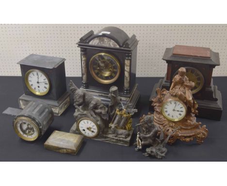 French black slate and grey veined white marble two train mantel clock, the 4.75" slate chapter ring enclosing a recessed vis