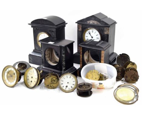 Two French black slate and coloured marble mantel clock timepieces; also two small black slate mantel clock cases and a quant