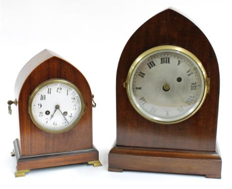 Small French mahogany two train lancet mantel clock striking on a gong, 10" high; also another mahogany single fusee lancet m