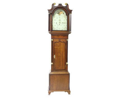 Oak and mahogany three train longcase clock, the 14" painted arched dial signed Henry Bright, Leamington to the centre with s