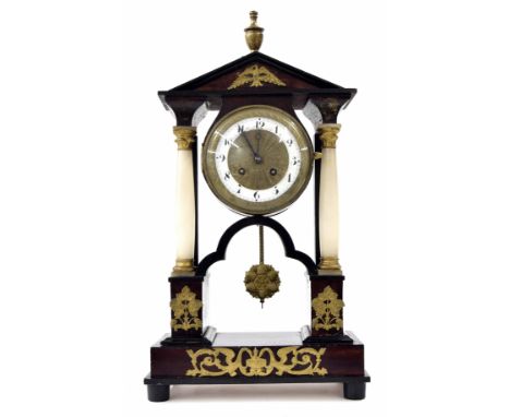 French mahogany, alabaster and gilt metal mounted two train portico style mantel clock, the Mougin movement with outside coun