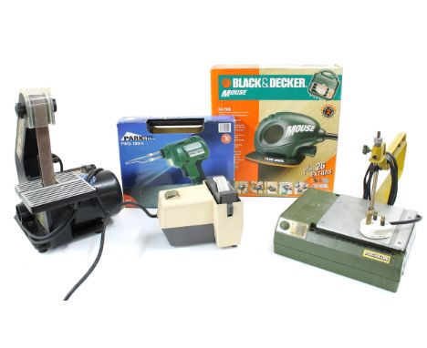 Various electric tools&nbsp;including a Clarke woodworker 1" belt sander, model No. Cs25C, Proxxon bench saw, Halling sharpen