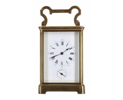 Carriage clock timepiece with alarm striking on a bell, within a corniche brass case, 7.5" high 