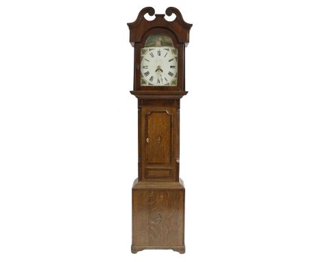 Oak and mahogany&nbsp;thirty hour longcase clock, the 12" painted arched dial indistinctly signed and with calendar&nbsp;aper