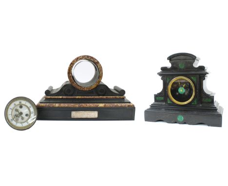 French black slate and malachite inlaid two train mantel clock striking on a bell, the slate dial signed Rowell &amp; Son, Ox